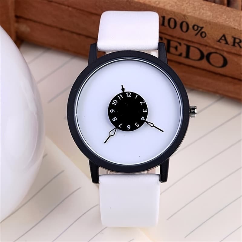 TEMU 1pc Men's Minimalist Creative Dial Quartz Watch, , Round Alloy Case, Faux Leather Strap, Battery Powered, Electronic Drive, Non-waterproof, Pointer Display - Fashionable Couple's