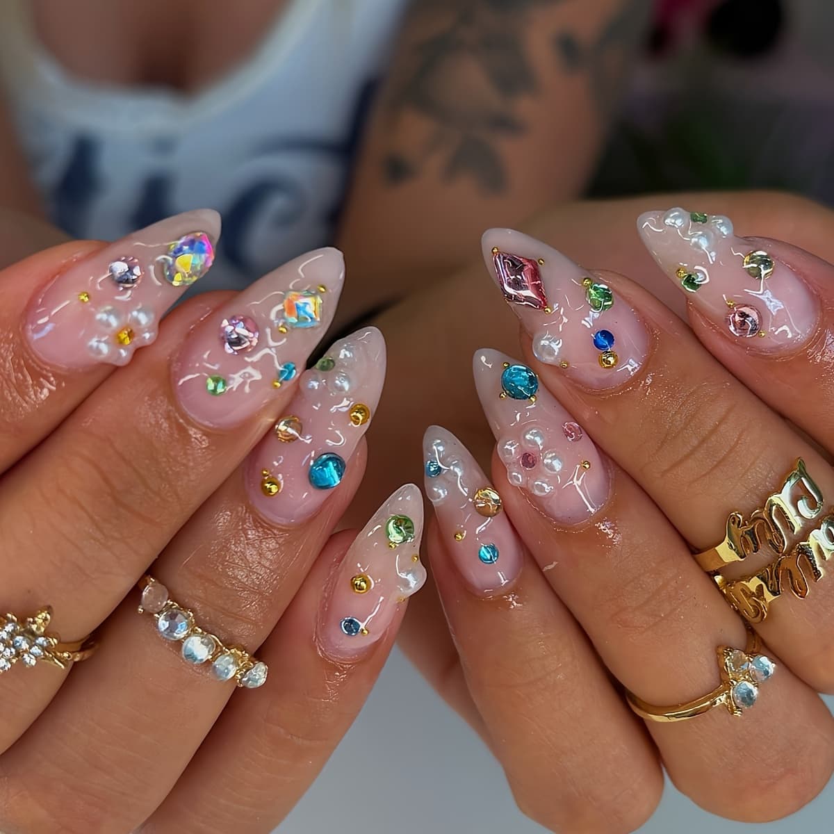 TEMU 24pcs Press-on Almond-shaped False Nails, White Ombre French Style With Pointed And Design, Full Cover Artificial Nail Stickers For Women' And Party Wear