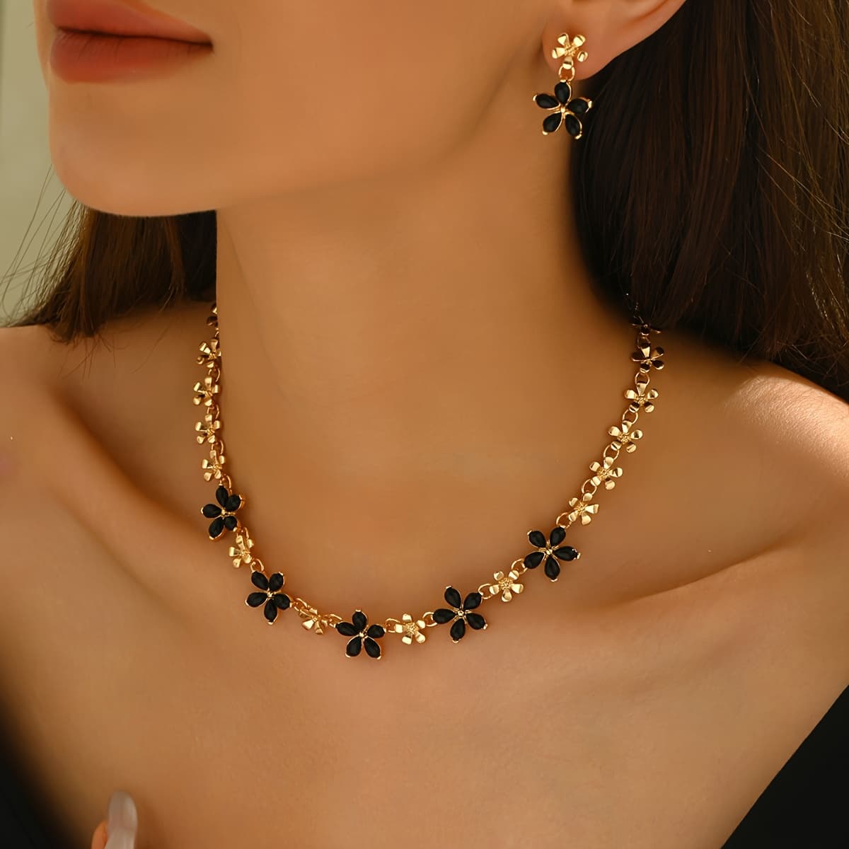 TEMU 2pcs Set Of Fashionable Elegant Floral Black Acrylic Embellished Statement Necklace And Earrings, Daily Party Vacation Wear