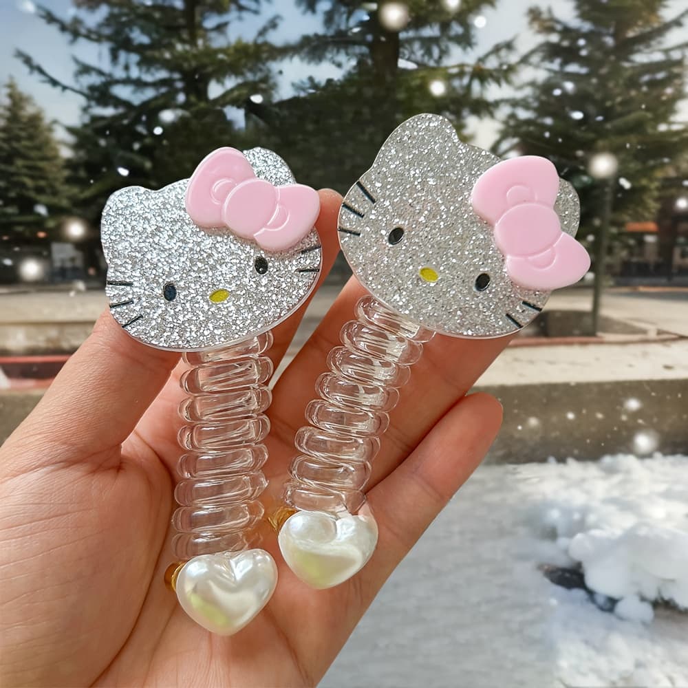 TEMU 2pcs Hello Kitty Spiral Hair Tie Cute Cartoon Beaded Phone Lanyard Hair Tie With Bow And Heart Charm, High No Damage Hair Additions, Ideal Valentine's Day Gift For Girlfriend
