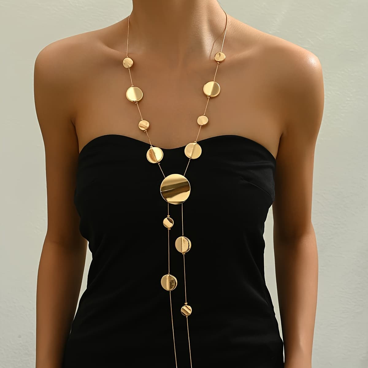 TEMU A Stylish, Elegant, And Sexy Long Chain Necklace With Golden Circular Discs, Wear Or Parties.