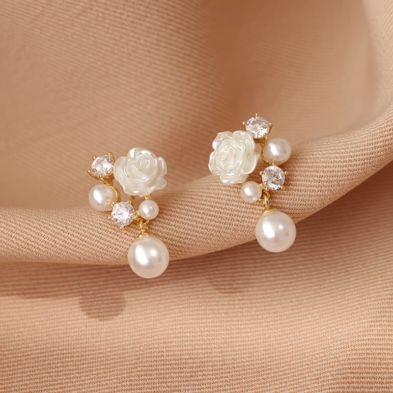 TEMU A Pair Of Camellia Pendant Earrings, Hypoallergenic And , Set With Sparkling Synthetic Zirconia, Suitable For Weddings And Everyday Wear, Engagement Gifts,