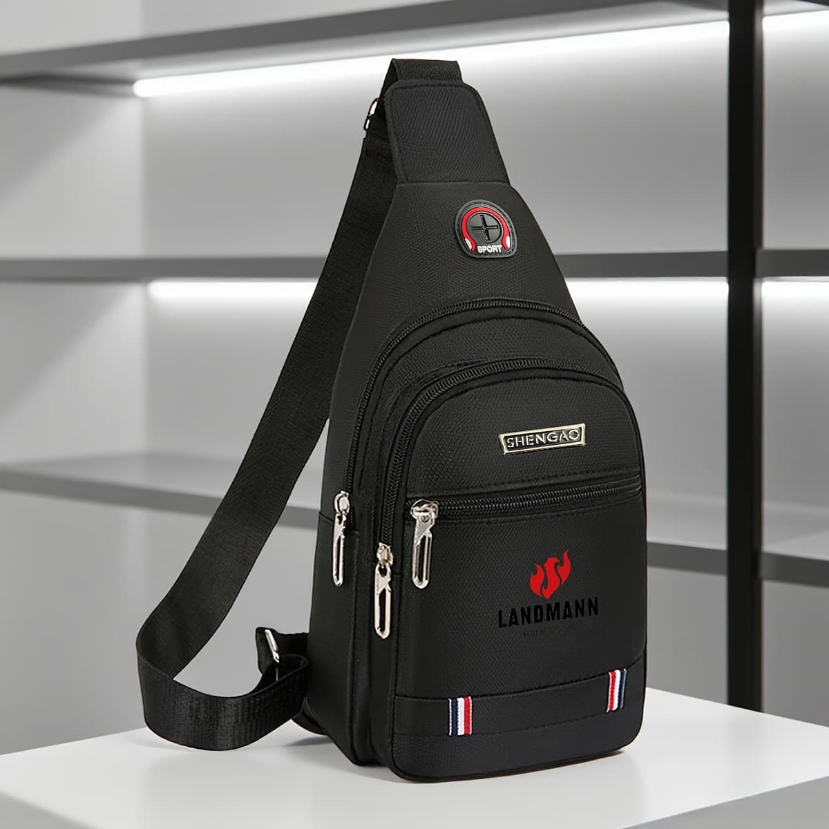 TEMU Logo Themed Large Capacity Men's Trendy Multi-pocket Crossbody Waist Bag Chest Pack Lightweight Design Holds Phone Keys Change Versatile