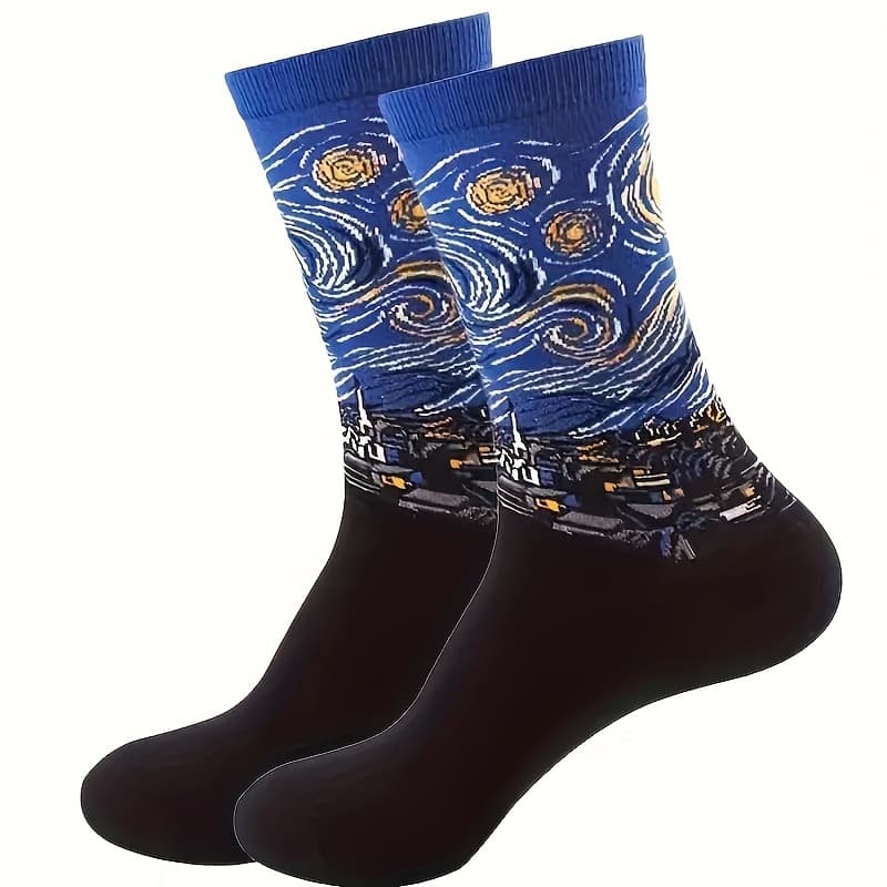 TEMU 1 Pair Artistic Oil Painting Design Knee-length Socks, Comfortable Knit Fabric, Unisex, Hand Wash Or