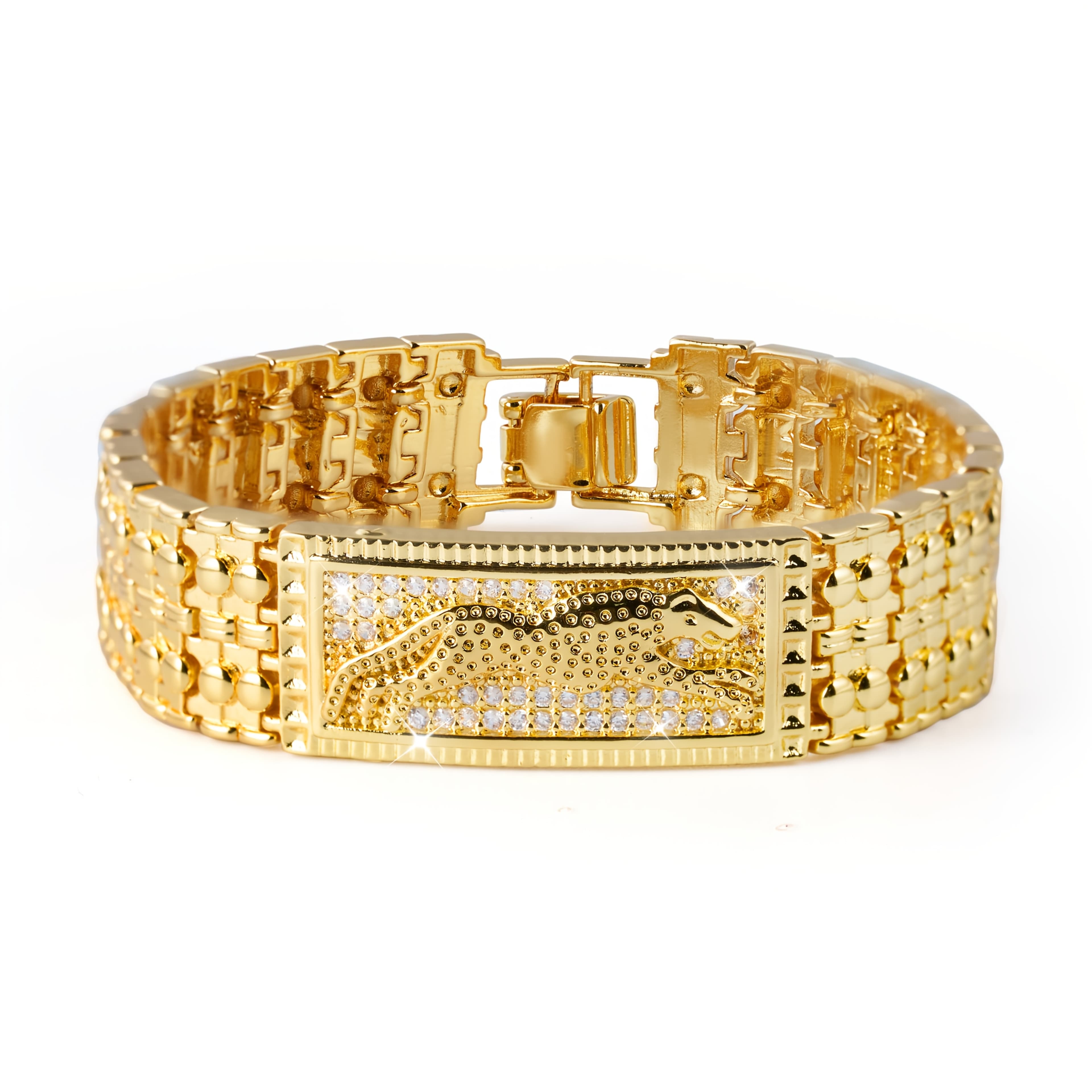TEMU 1pc Luxurious And Stylish 18k Gold Plated-plated Copper Bracelet With Leopard And Synthetic Cubic Zirconiaia, An Exquisite Fashion Bracelet Essential For Daily Men And Women