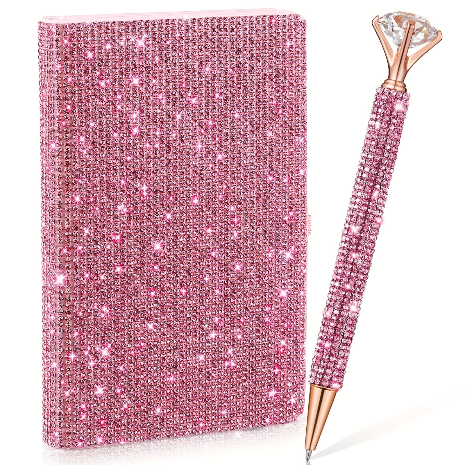TEMU Notebook Pen Sets Bling Pocket Notebook Crystal Pens Mini Diamond Hardcover Glitter Diary Office Desk Accessories For Women(peach Pink, A6)