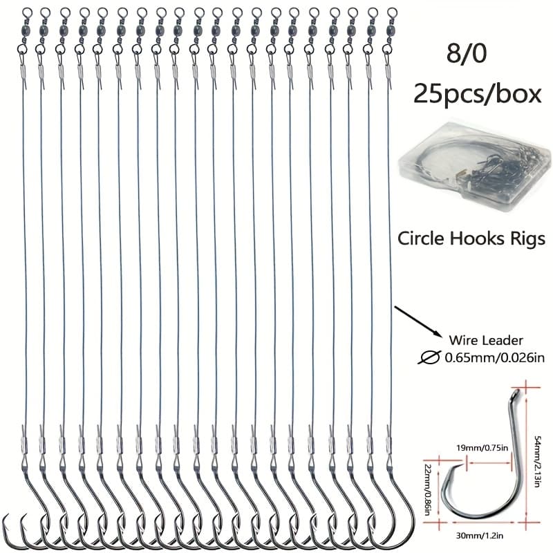TEMU 25pcs Heavy Duty Saltwater Steel Circle Hook Fishing Rigs With Leader Wire - Hooks For , Catfish, Saltwater Casting - Lure Rig For (25pcs)