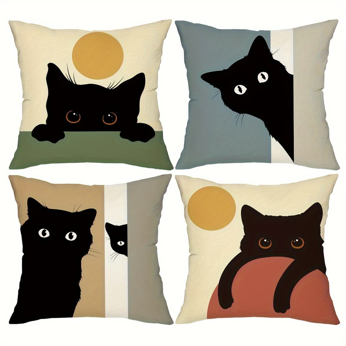 TEMU Set Of 4, Decorative Throw Pillow Covers Featuring Cat Designs, Made From A Blend, Suitable For Outdoor Use. Covers Are Perfect For Sofas, Couches, Beds, Or Cars, Measuring 18x18 Inches