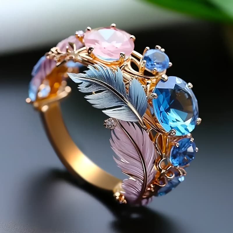 TEMU Luxurious Chic Inlay Zirconia Feather Ring For Women Banquets Wearing High-end Jewelry Exquisite Anniversary Gifts