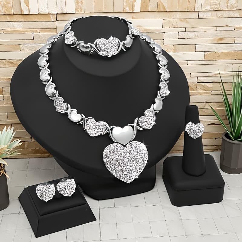 TEMU Set Of 5pcs Including A Heart-shaped Necklace, Bracelet, And Ring, All Golden Plated, Designed Personalized Body Jewelry For Women