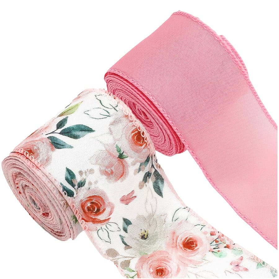 TEMU 2 Rolls Flower Wired Edge Ribbon | Watercolor Floral Craft Fabric Ribbon For Spring Wreath Bow Wrapping Party Decor, Polyester Material