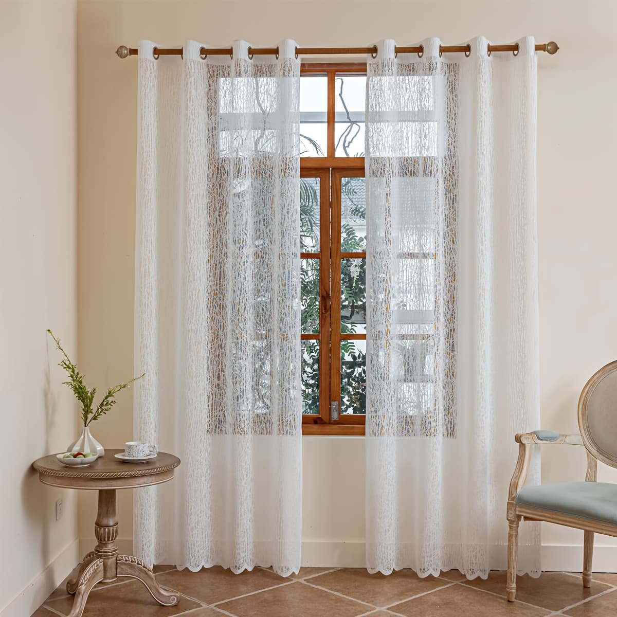 TEMU 1pc Grid Sheer Curtain Perforated Window Screen For Living Room And Bedroom, Kitchen, Patio, Villa