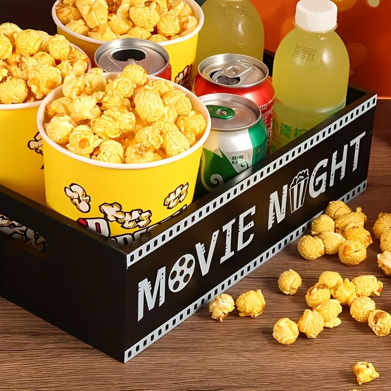 TEMU Storage Basket 1pc Wooden Movie Night With Handle - Rectangular Storage Box, Not Waterproof, Perfect For Night Party Supplies, Storage Box For Organizing Camping, Shelf Baskets