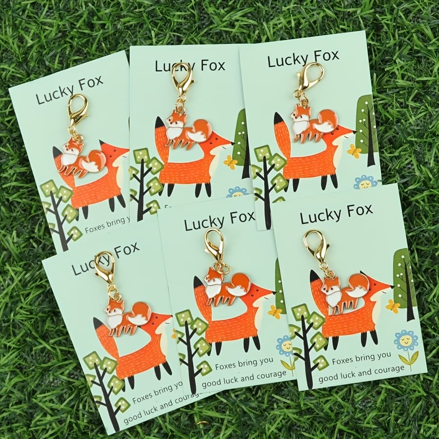 TEMU 6pcs "luck Fox" Cute Keychain Set With Star Pendant And Inspirational Greeting Card, Perfect Gift For Christmas/thanksgiving Halloween & Family – Adorable Animal-themed Keys