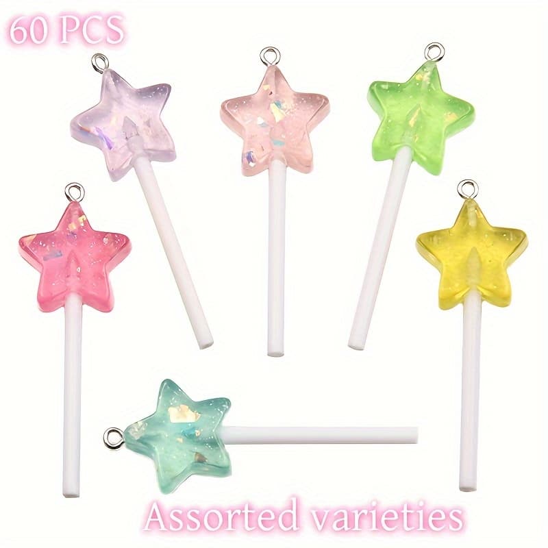 TEMU 60pcs 21*59mm Resin Simulation Five-pointed Star Lollipop Pendant Diy Keychain Hairpin Jewelry Accessories