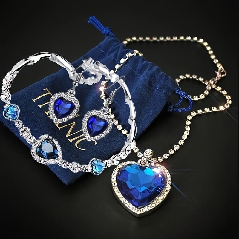 TEMU Heart Of Jewelry Set, Elegant Vintage Style, Alloy With Glass Mosaic, Includes Necklace, Bracelet, Earrings, With Velvet Pouch, For Daily & Banquet Wear, Christmas Season Versatile Accessory
