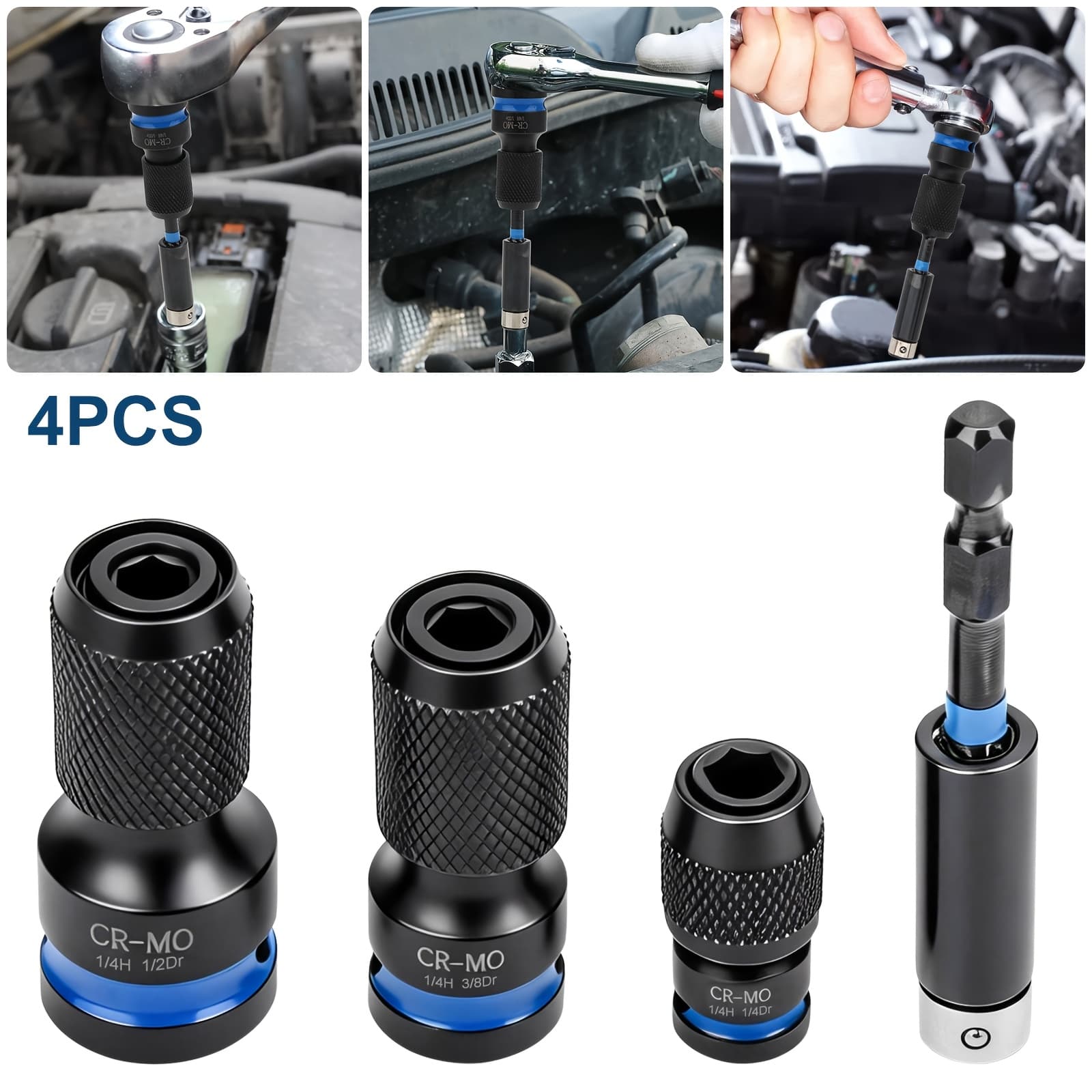 TEMU 4pcs Impact To 1/4 Hex Converter | 1/2", 3/8", 1/4" Square Drive Sockets To 1/4" Hex Adapter, Quick Release Impact Bit Holder, Metal, For Impact Wrench Ratchet