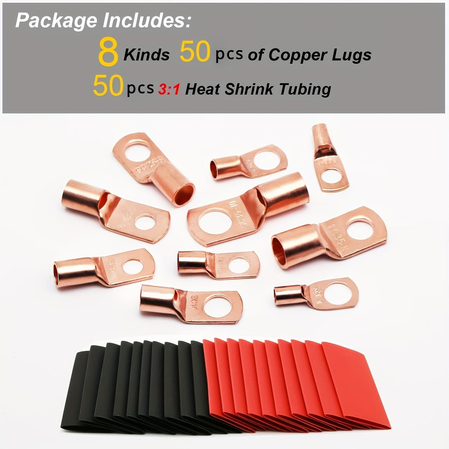 TEMU 100pcs Copper Battery Cable Lug Kit - Non-insulated Brass Crimp Terminals With 50 Heat Shrinkable Tubing For Electrical Splices