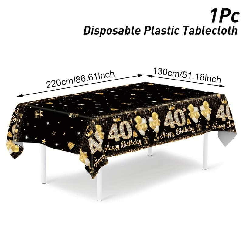 TEMU 1pc Elegant Black And Golden Disposable Plastic Tablecloth, 86.6"x51.1" - Machine Made Milestone Birthday & Anniversary Party Decoration, Happy 40th 50th 60th Celebration Table Cover