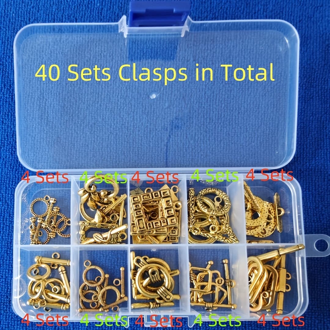 TEMU 40 Sets Vintage Golden / Silvery Plated Colors Metal Mixed Lots Of Toggle Clasps For Jewelry Making In Storage Box