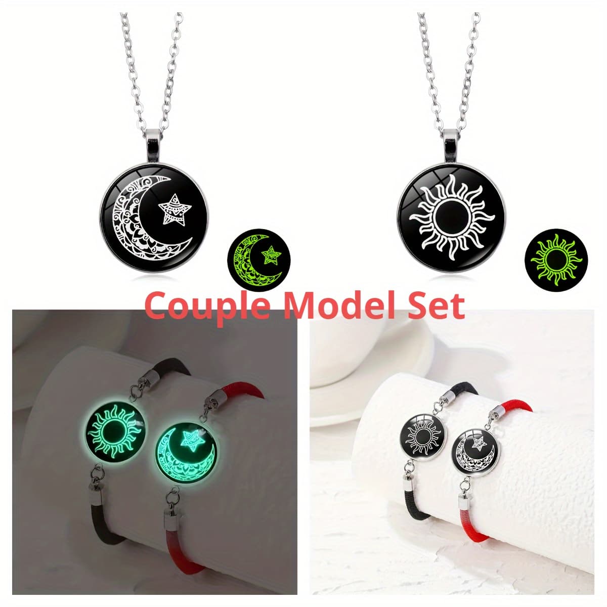 TEMU 2 Sets Matching Couple's Luminous Braided Bracelets & Sweater Chain Necklaces - Celestial Jewelry Suitable For Wear, Romantic Gifts For , Matching
