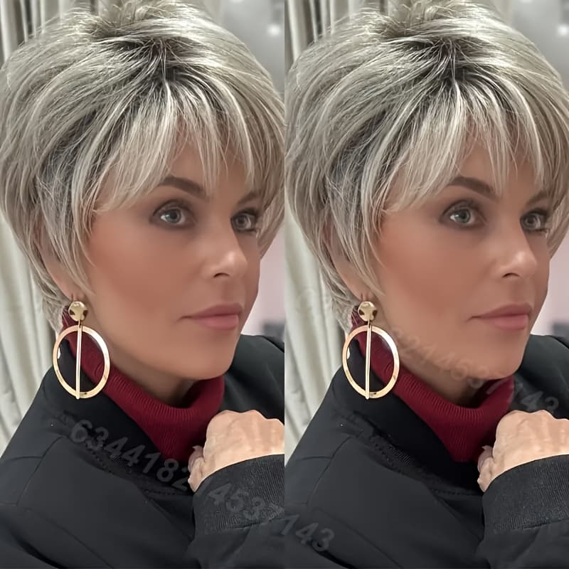 TEMU Brazilian Human Hair Wig 6" Short Straight Layered Grey Glueless Wig - 180% Density For, Natural Look For Parties, & Casual Attire, Party Accessories, Natural Hairpiece, Glueless Wig
