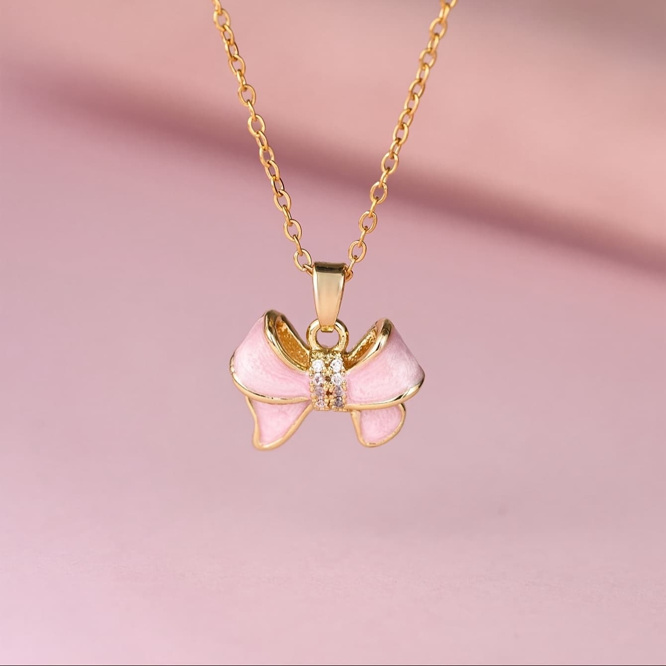 TEMU Unique Pink Bow Pendant Necklace Set With Cubic Zirconia Zirconia - Adjustable Titanium Steel Chain, Perfect For And Vacations