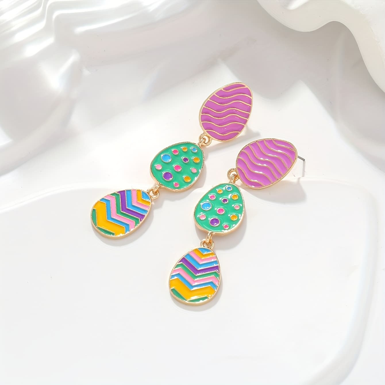 TEMU A Pair Of Stylish Creative Metal Enamel Three-layer Small Colorful Egg Pendant Earrings, Cute Easter Earrings For Women.