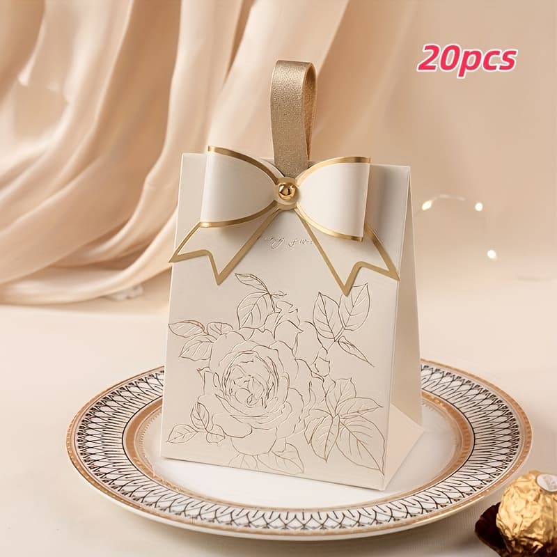 TEMU 20/50pcs Golden Silvery- Floral Chocolate Candy Gift Boxes With Bows, Faux Leather Carry- Boxes, Birthday Gift Boxes, For Weddings/anniversaries/holiday Party Supplies