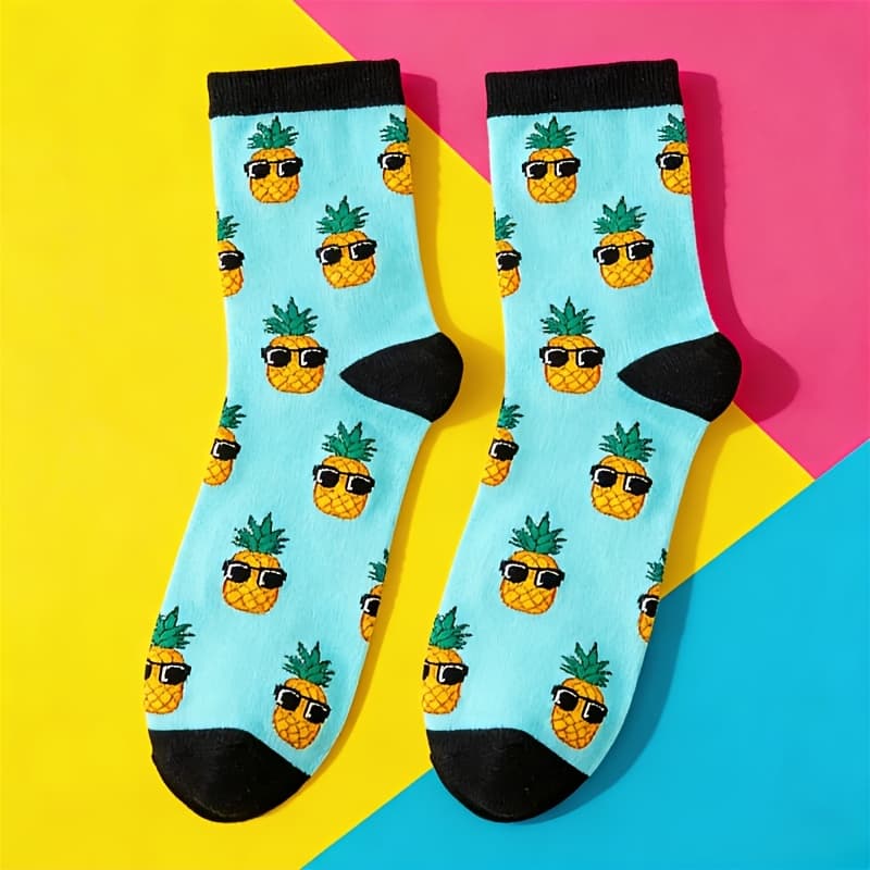TEMU 1 Pair Cute Pineapple Socks With Sunglasses | Summer Fun Cartoon Breathable Mid Tube Socks For Women/men/teenagers