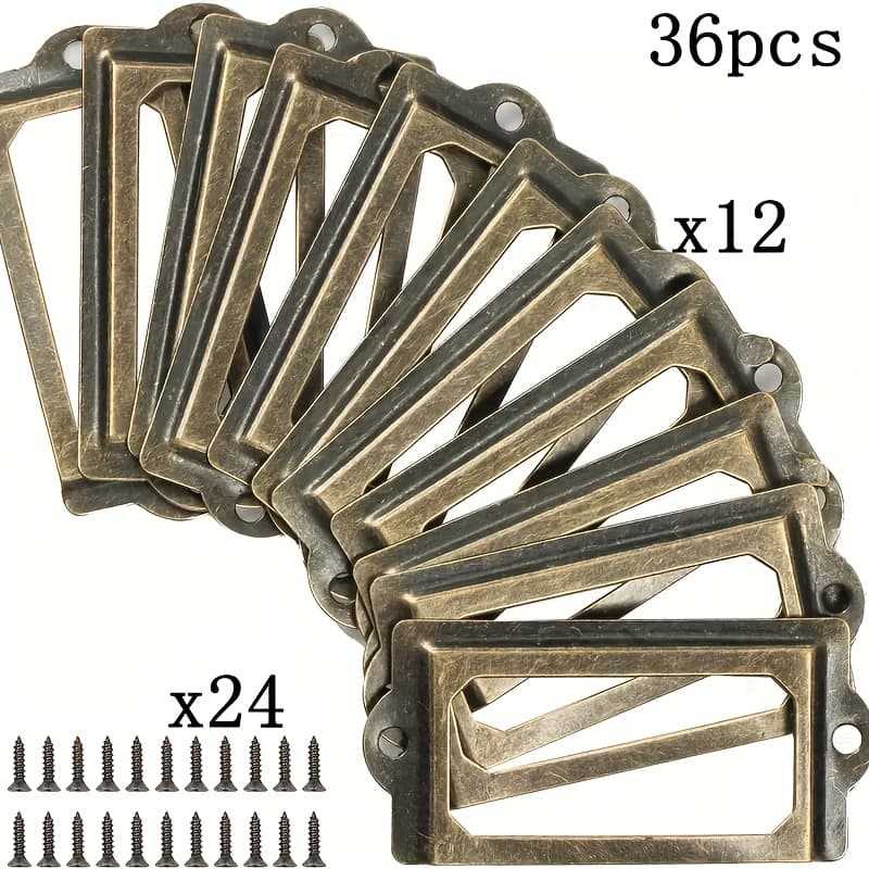 TEMU 36pcs Set Elegant Brass Pulls - 12 Iron Pieces + 24 Screws Decorative Label Holders For Furniture, Cabinets, Boxes, Drawers And Chests - Premium Hardware With