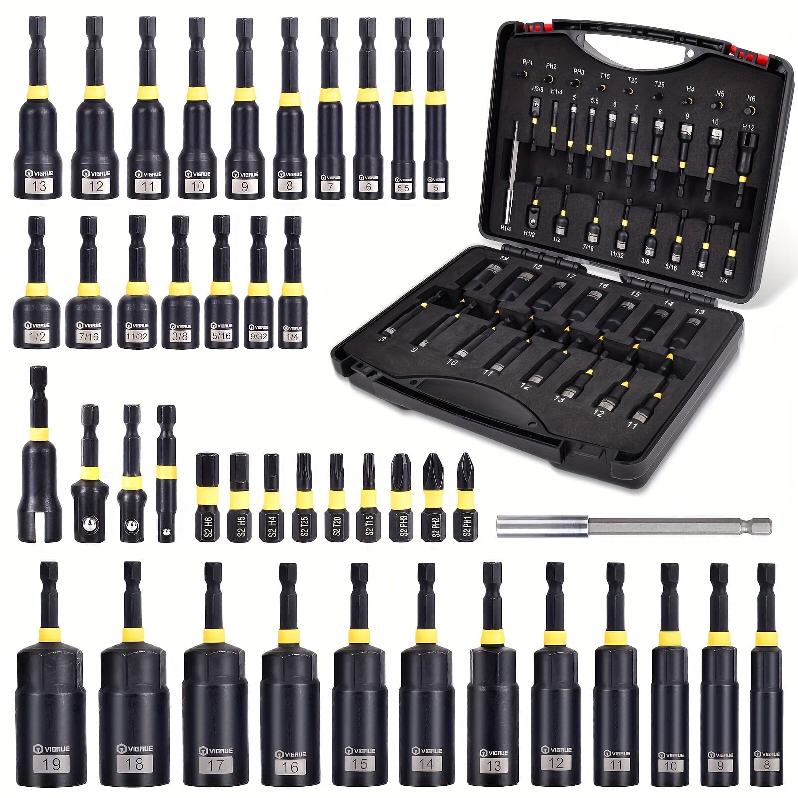 TEMU Vigrue 43pcs Magnetic Nut Driver Set For Impact Drill, Deep Nut Drivers, Metric & Sae Nut Drivers, Wing Nut Driver, Bit Extension, 1/4 Quick Change And Phillips Torx Hex Screwdriver Bit