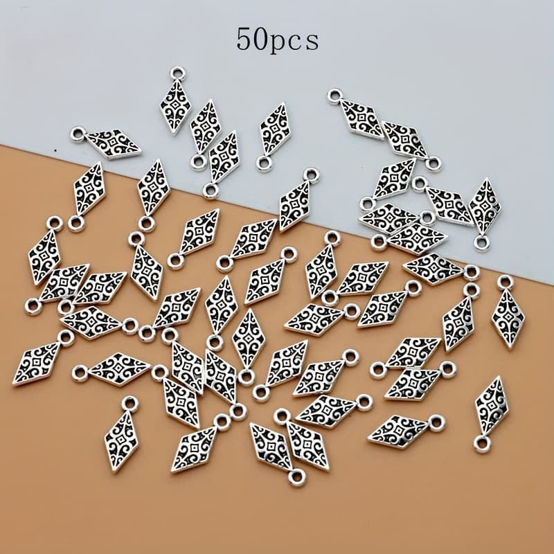 TEMU 50pcs Of Vintage Silvery-colored Diamond-shaped Charms Made From Alloy, Perfect For Your Own Jewelry Such As Bracelets, Necklaces, And Earrings