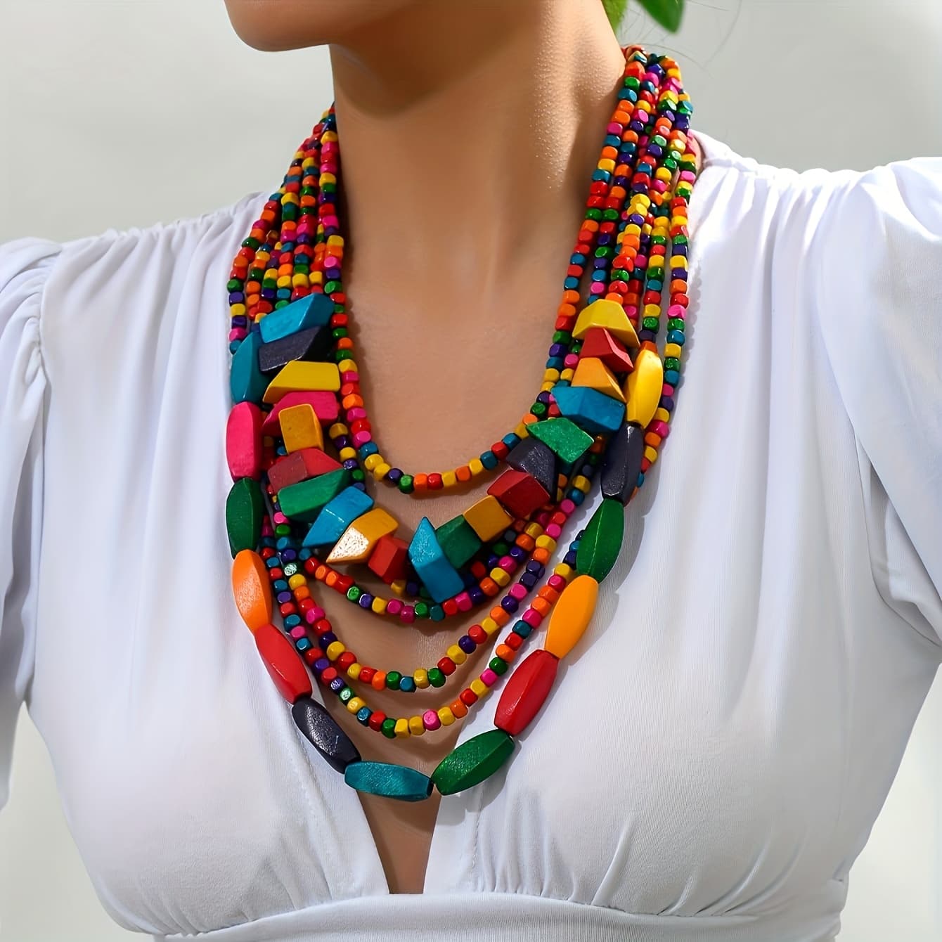 TEMU Bohemian Wooden Beaded Necklace With Geometric Charms - Perfect For Festivals, Parties, And Music Festivals