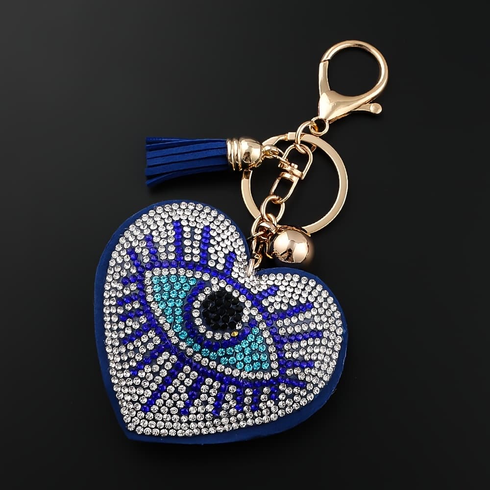 TEMU Full Rhinestones Love Heart Evil Blue Eye Key Chain For Women Men Golden Color Turkish Eyes Keyring Bag Pendant Jewelry Gifts
