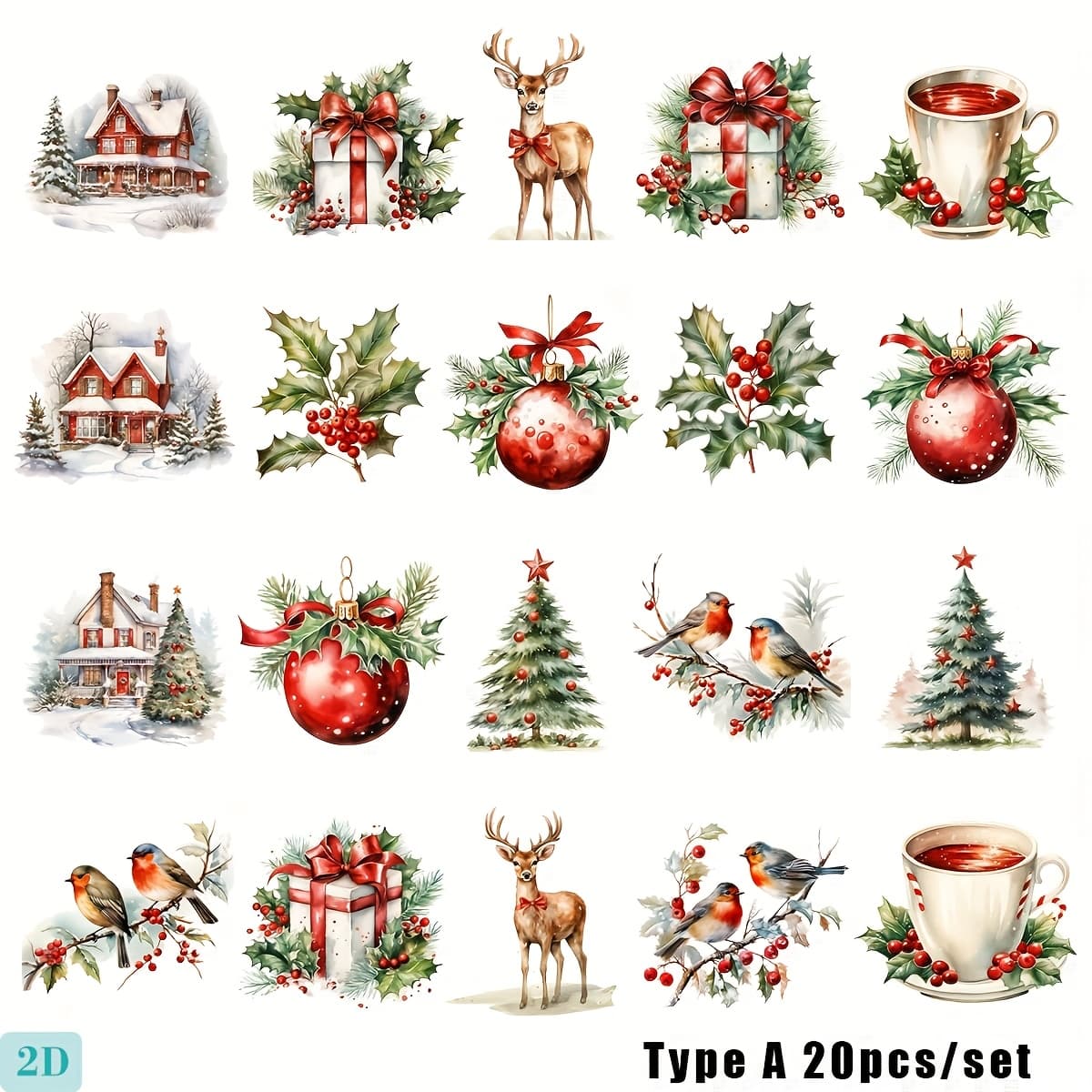 TEMU 20pcs/set Handmade Creative Retro Christmas Tree Christmas Gift Series 2d Flat Stickers For Trash Journal Notebook Decoration Hand Account Cutting Album Stickers