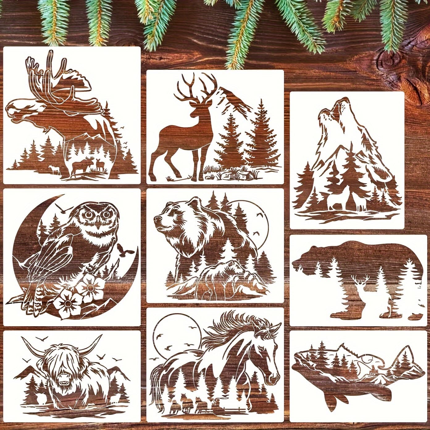 TEMU 9pcs Forest Theme Stencil Set, Animal Silhouette Templates For Diy Crafts, Home Decor On Wood, Canvas, Paper, Fabric, Floor, Books, Frames, Walls, Furniture, Glass - Plastic Material