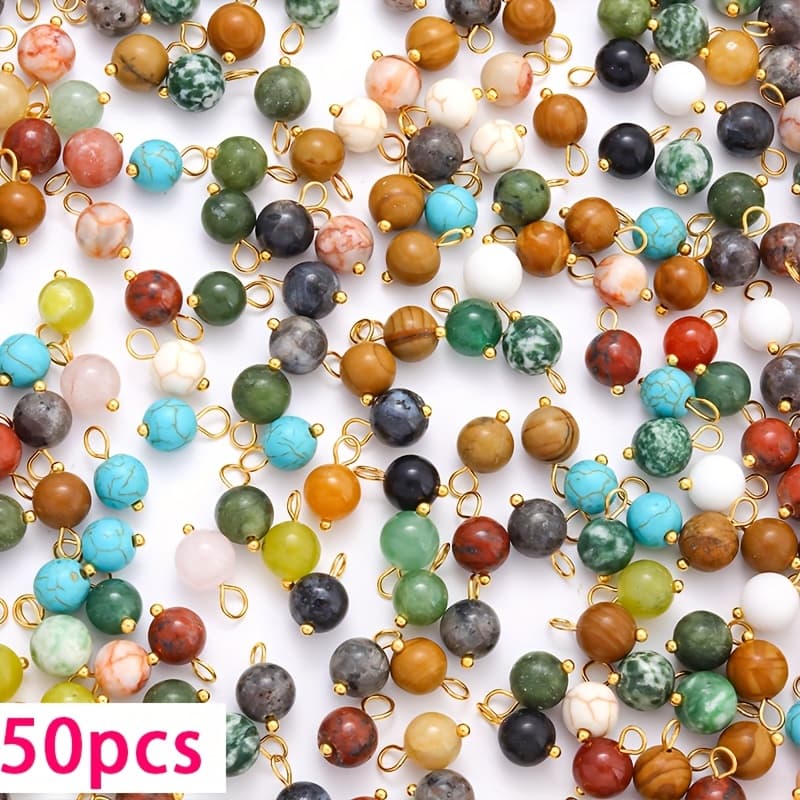 TEMU 50pcs Random Style Round Genuine Beading Loose Gemstones Hole Size Diy Smooth Bead For Bracelet Necklace Earrings Jewelry Making(natural Stone Beads Multicolor,)