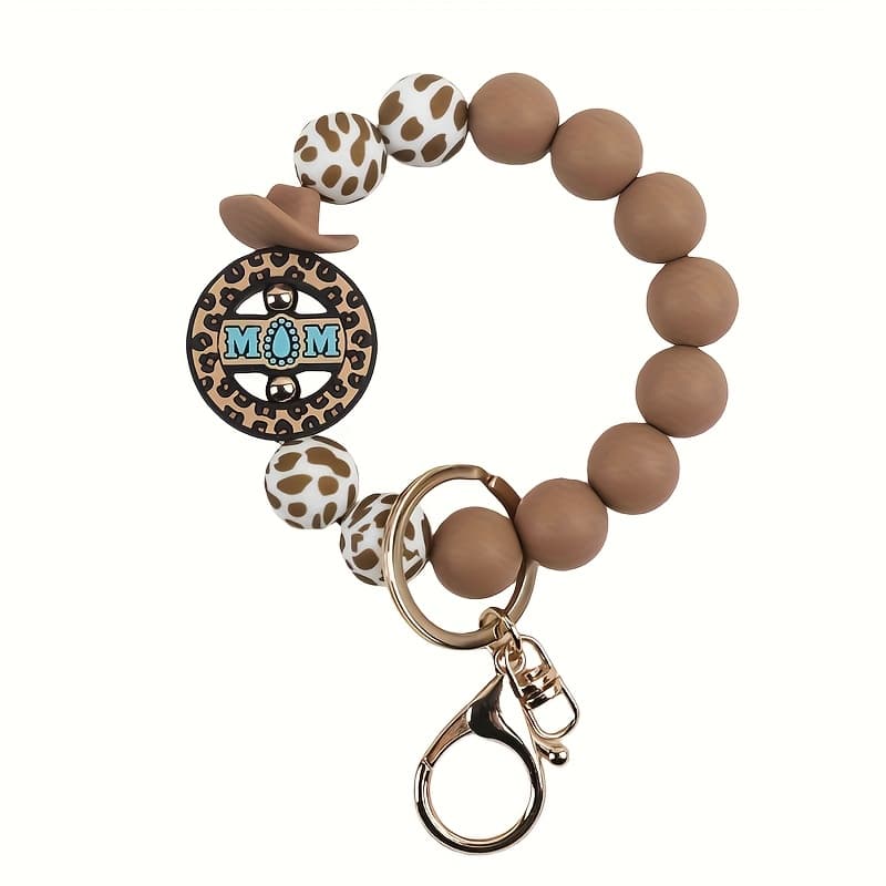TEMU A Western-style "mom" Beaded Keychain With A Cow Print Cowboy Hat Charm, A Fashionable -one Accessory For Moms, Ideal For Daily Use And Gifting