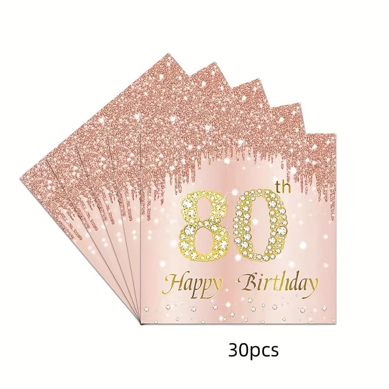 TEMU 30pcs Set Of 80th Birthday Themed Party Napkins, Rose Golden Themed Happy 80th Birthday Decoration Suitable For Ladies' Wedding Anniversary Party Decoration And Decoration Supplies,