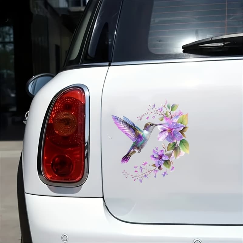 TEMU Elegant Hummingbird And Floral Vinyl Decal - Purple, Waterproof, Scratch-resistant, Removable Adhesive - For Cars, Trucks, Suvs, Motorcycles, Laptops - Decoration - Ideal Gift For