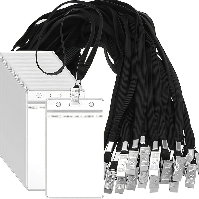 TEMU 10pcs Cards + 10pcs Lanyards Transparent Waterproof Badge Holder With Neck Lanyard And Swivel Clip - Plastic Id Card Holder, Waterproof, Reusable - Black