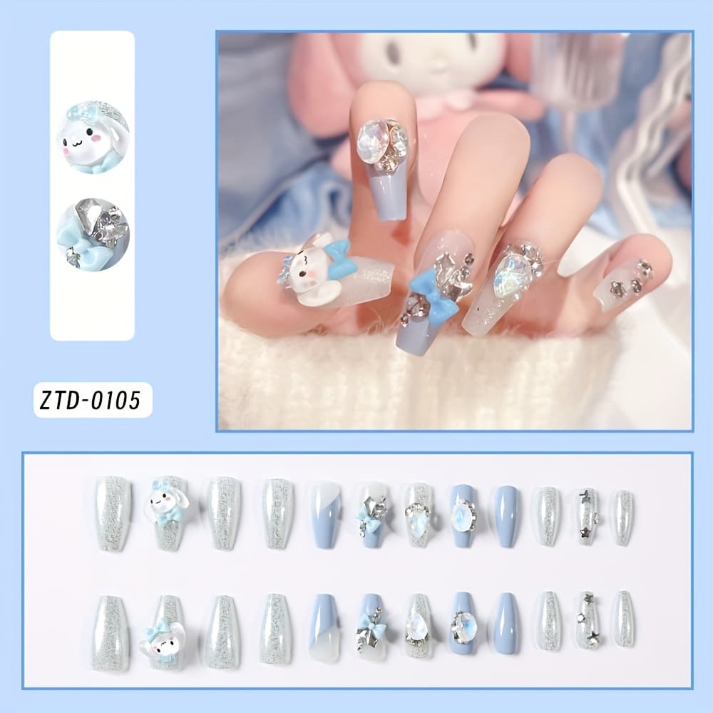 TEMU 24pcs/box Cinnamoroll Press On Nails With Silvery Glitter, Ballet False Nails, Full Cover Wearable Manicure Fake Nail Tips