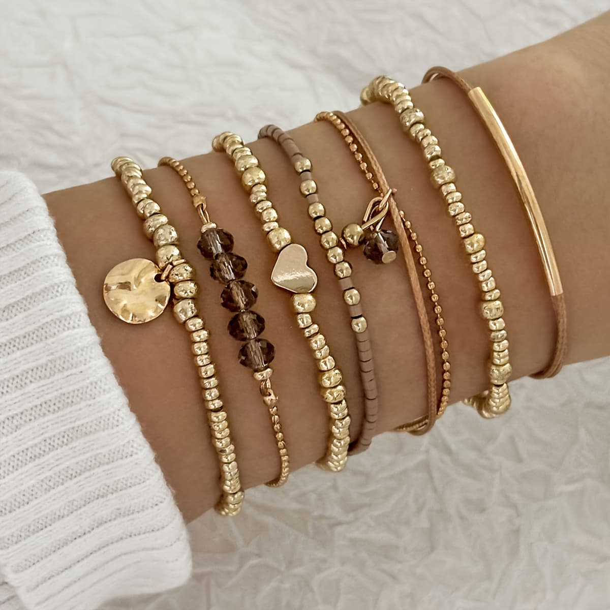 TEMU 7pcs Ccb Plastic Bead Positioning Long Rod String Bracelet Set - Simple And Sexy Handmade Braided Stackable Bracelets, Versatile Everyday Gift Set