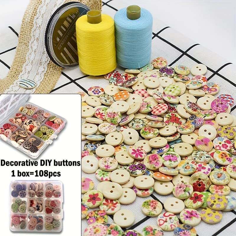 TEMU 108pcs Per Box, Natural Wood Base Colorful , Festival Diy Handmade Decorations For Valentine's Day, Spring Festival, Easter, Gifts, Creative Multi-functional Gift Box Buttons