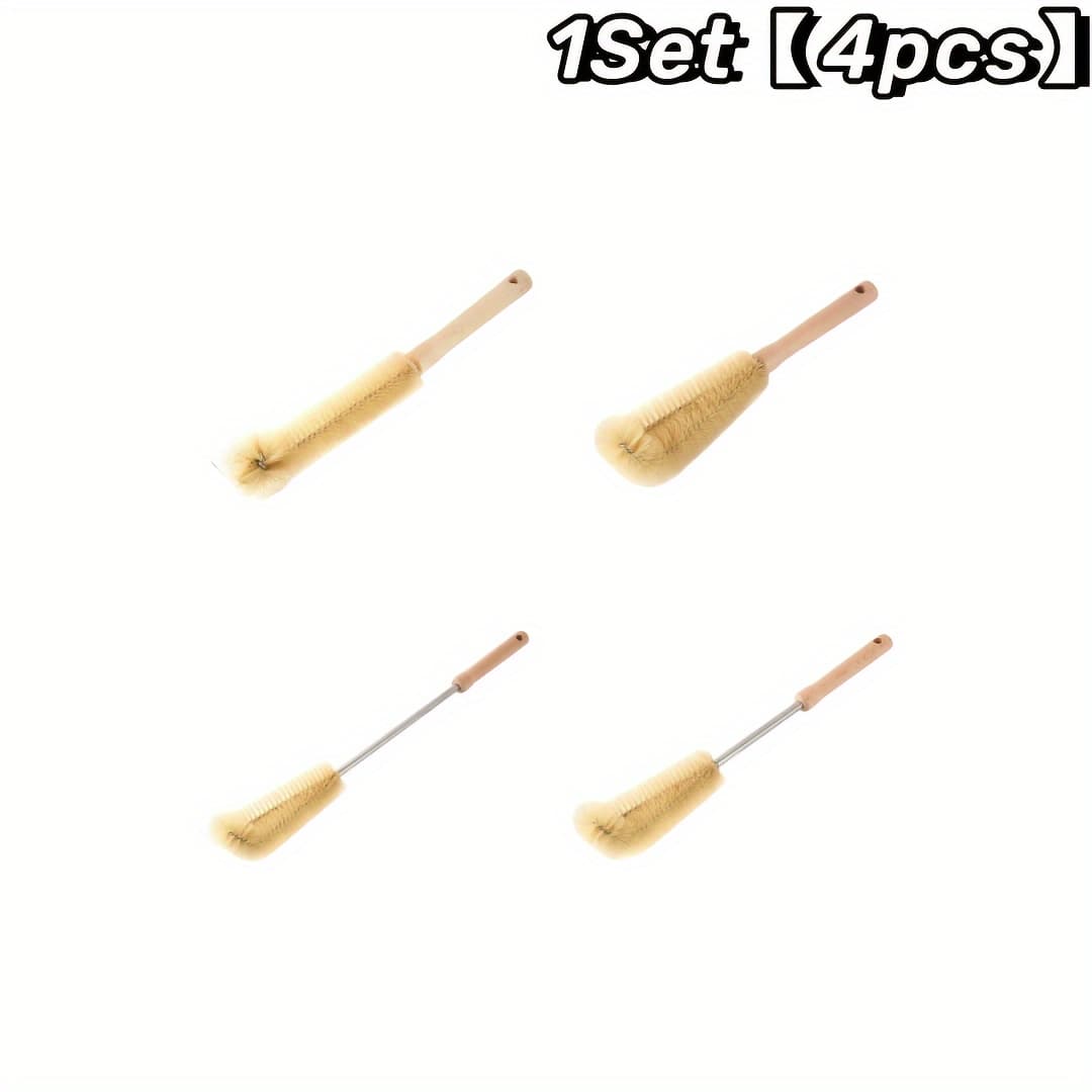 TEMU 4pcs Cleaning Brush Set With Wooden Handles - Reusable, Design For Effortless Kitchen, Bottle, And Household Cleaning - Includes Long Handle Brush With Hanging Hole, Cleaning Tools