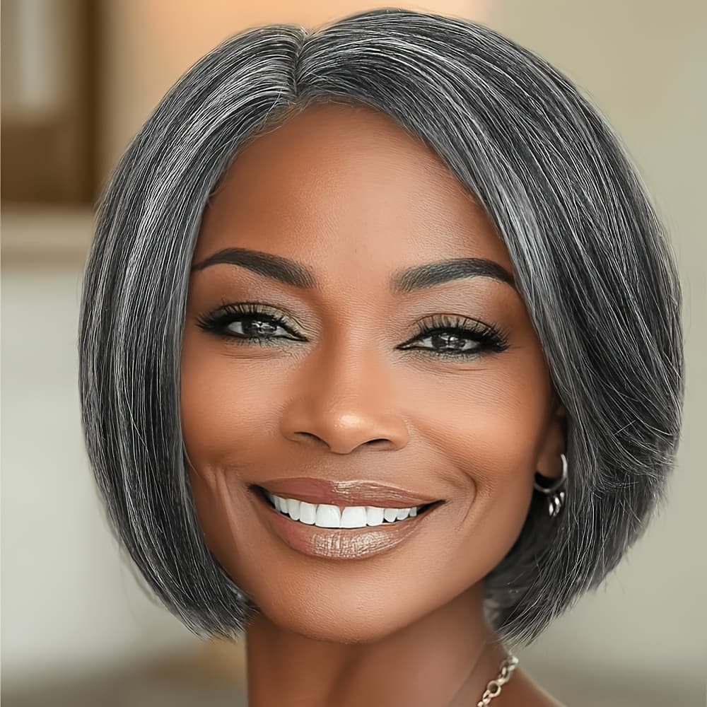 TEMU This 10-inch Short Side-parted Wig Features A Straight Hairstyle And Comes In Black And Grey Colors. -shaped Cosplay Wig Is Heat-resistant And Has A , Making It Perfect For Daily Wear