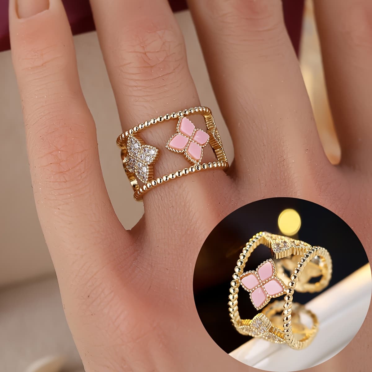 TEMU 1pc Classic Elegant Floral Shaped Hollow Double Ring Women's Suitable For Daily Party Wear Women's Holiday Gift