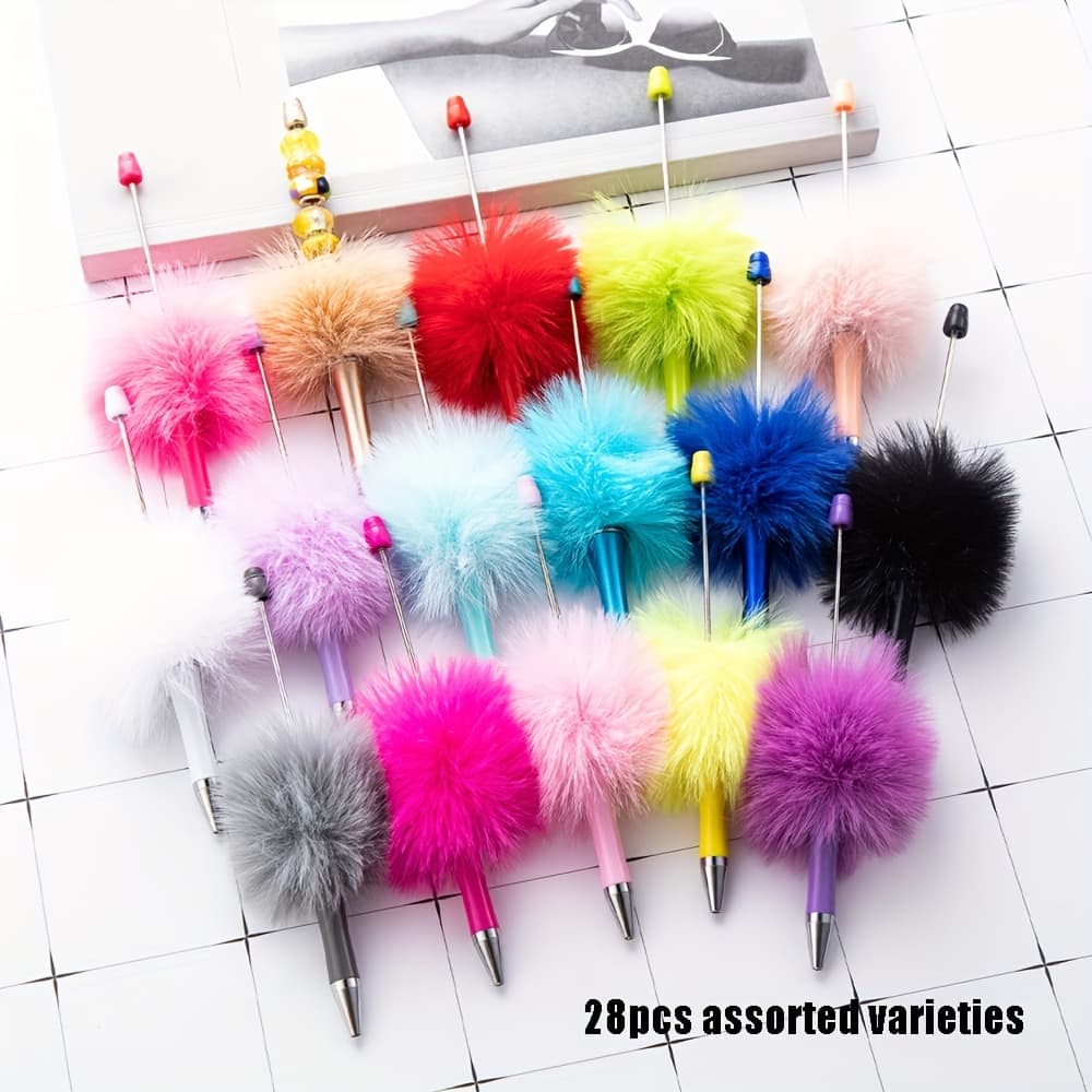TEMU 28pcs Random Color Fluffy Beadable Pen Fuzzy Plastic Bead Ballpoint Pen Multicolor Retractable Beaded Writing Pens For Diy Craft Office Supplies Back-to-school Gift