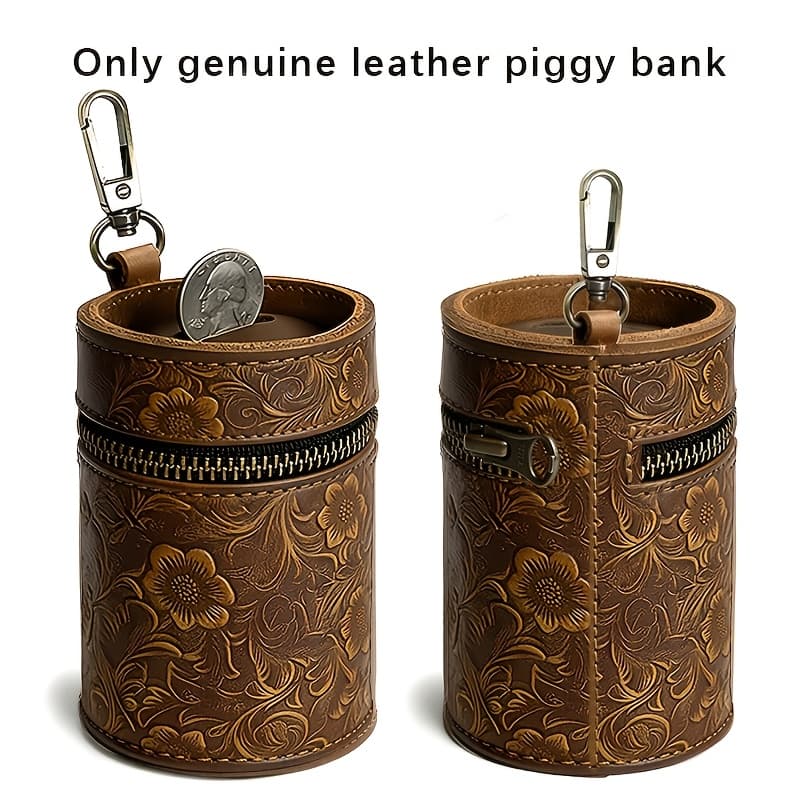 TEMU Top Layer Cowhide Handmade Arabesque Pattern Genuine Leather Piggy Bank, In Car Cup Holder, Coin Purse, Coin Storage Box, Money Clip, Zipper Bag, Full Grain Leather, Coffee Color, Unique